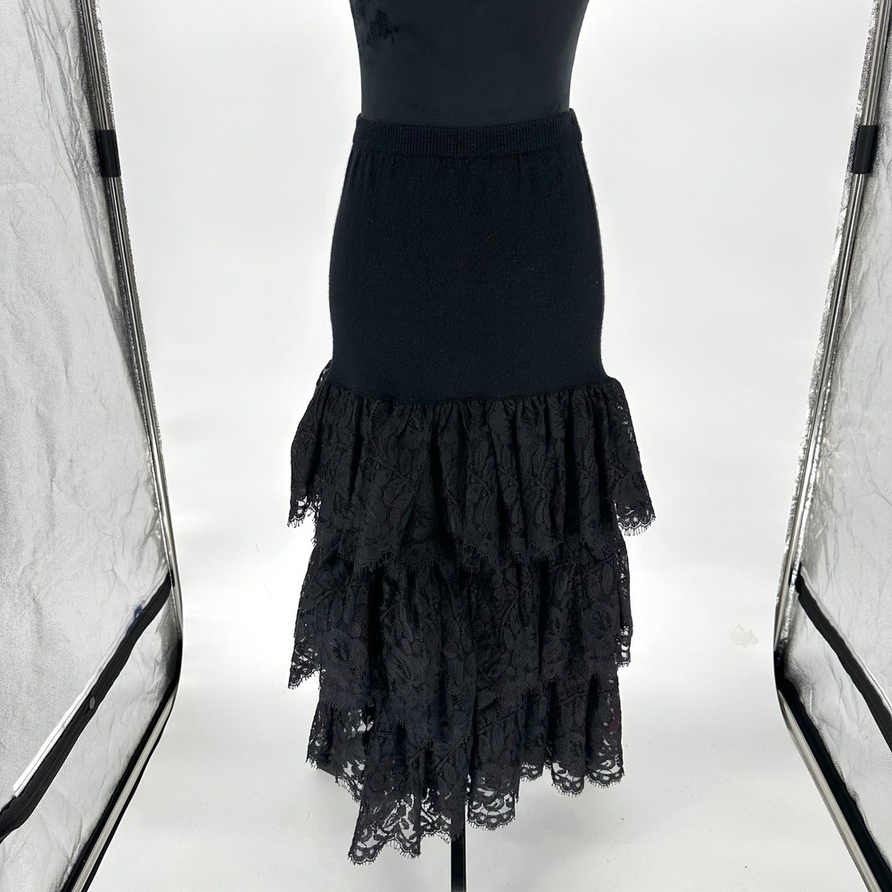 Adrienne Vittadini Black Tiered Ruffle Lace Maxi Skirt Knit Wool Whimsygoth M - Picture 6 of 7